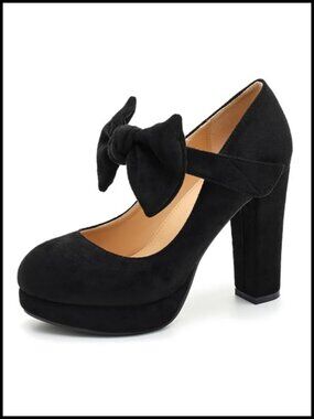 Bow Platform Block High Heel Pumps, Ankle Strap, Removable Bowtie, 4-Inch Heel